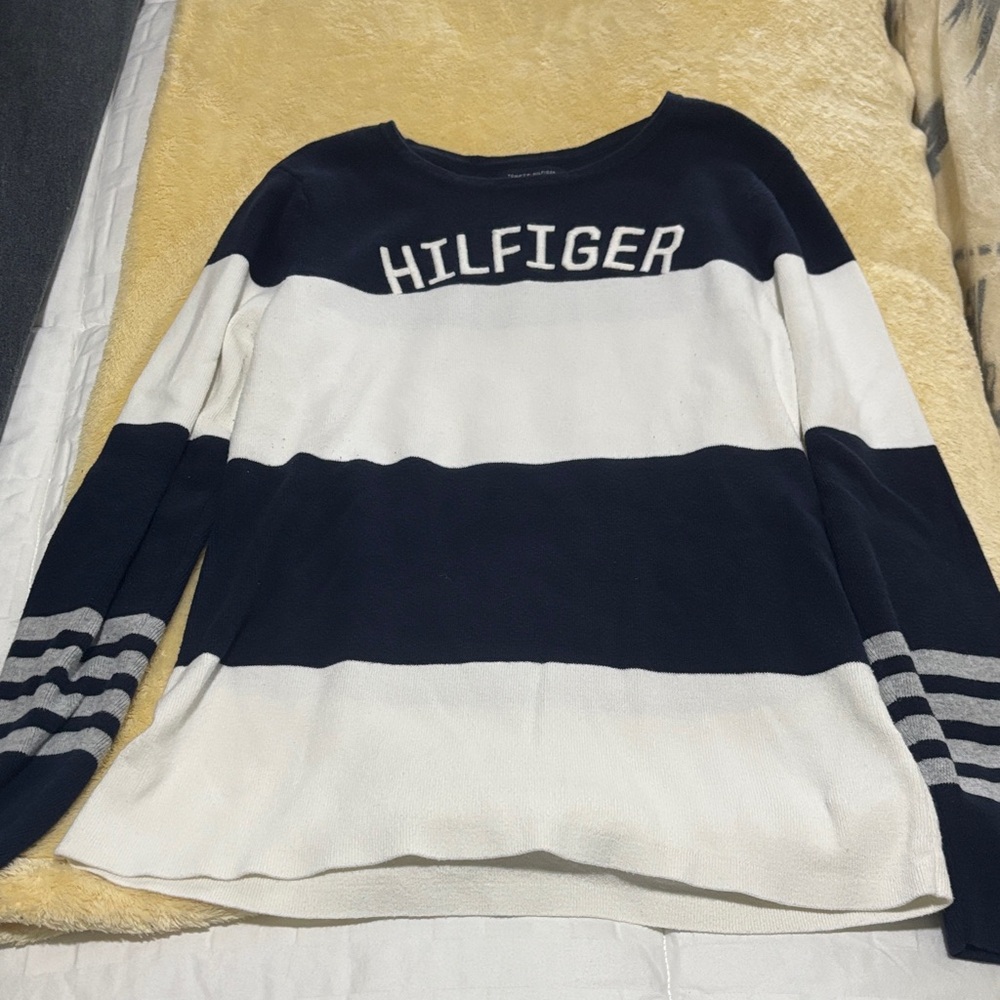 Tommy Hilfiger Navy and White Striped Sweater